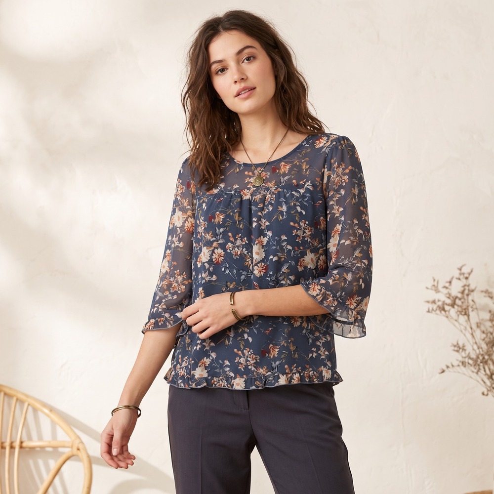 NWT Allegra Floral Ruffle Chiffon Top 3/4 Sleeve Blue Whimsigoth Romantic L